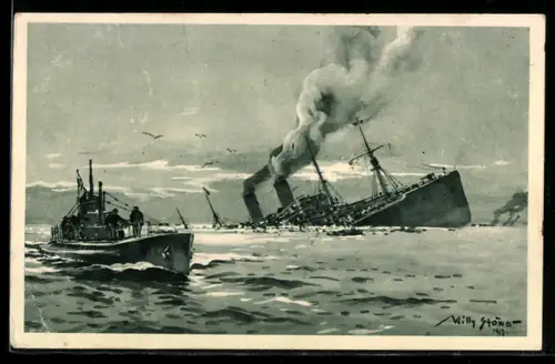 Künstler-AK Willy Stoewer: Sinkendes Kriegsschiff und U-Boot