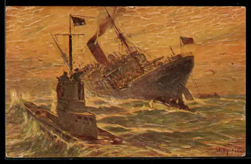 Künstler-AK Willy Stoewer: Vernichtung eines engl. Dampfers durch ein deutsches Torpedoboot, Kolonialkriegerdank