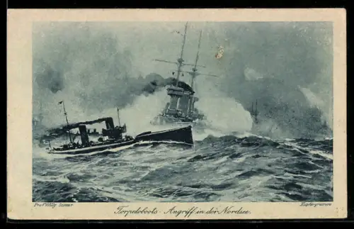 Künstler-AK Stoewer: Torpedoboote, Angriff in der Nordsee