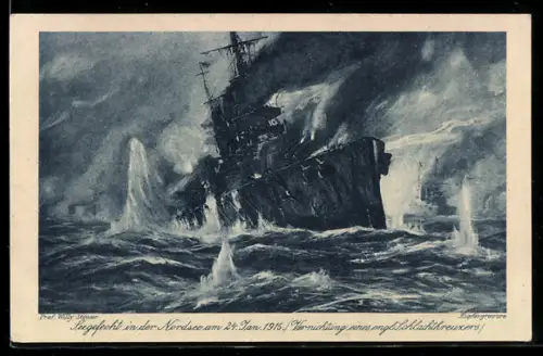 Künstler-AK Stoewer: Seegefecht in der Nordsee, Vernichtung eines englischen Schlachtkreuzers, 24. Januar 1915