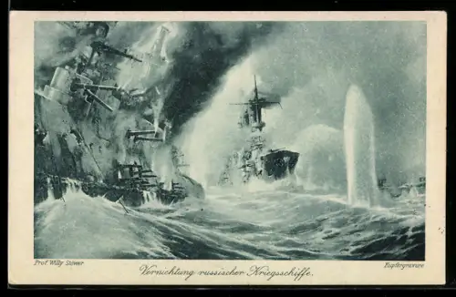 Künstler-AK Willy Stoewer: Vernichtung russischer Kriegsschiffe