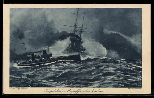 Künstler-AK Willy Stoewer: Torpedoboots-Angriff in der Nordsee