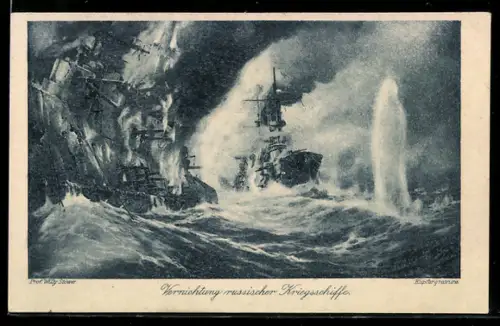 Künstler-AK Willy Stoewer: Vernichtung russischer Kriegsschiffe
