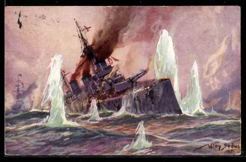 Künstler-AK Willy Stoewer: Aus dem Seegefecht in der Nordsee 1915, Engl. Schlachtkreuzer im Salvenfeuer...
