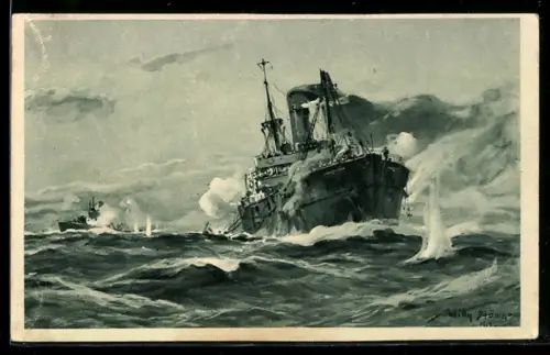Künstler-AK Willy Stoewer: Deutsches U-Boot im Gefecht mi einem bewaffneten Handelsdampfer