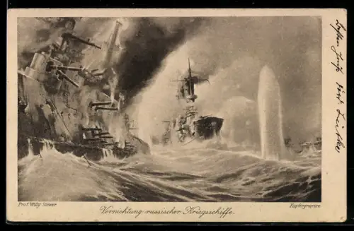 Künstler-AK Stoewer: Vernichtung russischer Kriegsschiffe durch die kaiserliche Marine