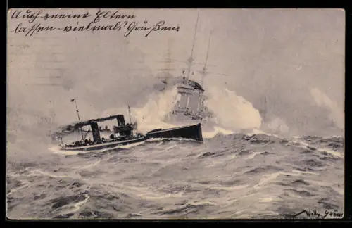 Künstler-AK Stoewer: Seegefecht, Torpedoboots-Angriff in der Nordsee