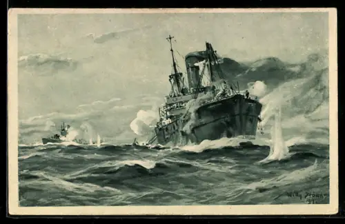 Künstler-AK Willy Stoewer: U-Boot-Tag Juni 1917, Deutsches U-Boot im Gefecht mit einem bewaffneten Handelsdampfer