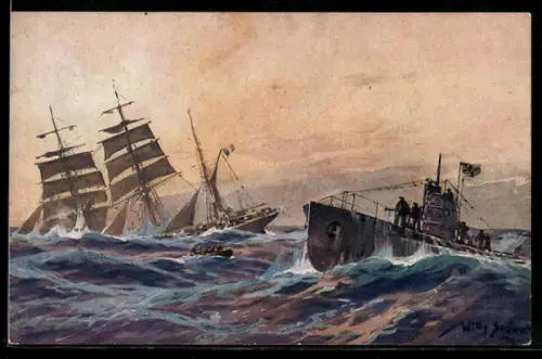 Künstler-AK Stoewer: französische Bark wird durch deutsches U-Boot im Atlantik versenkt