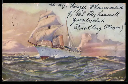 Künstler-AK Willy Stoewer: Dampfschiff mit Hilfssegel auf hoher See