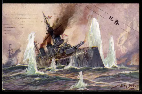 Künstler-AK Willy Stoewer: Aus dem Seegefecht in der Nordsee 1915, Engl. Schlachtkreuzer im Salvenfeuer...