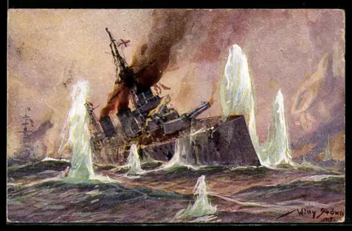 Künstler-AK Willy Stoewer: Aus dem Seegefecht in der Nordsee 1915, Engl. Schlachtkreuzer im Salvenfeuer...