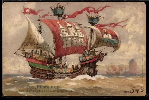 Künstler-AK Hans Bohrdt: das alte Hanseatische Kriegsschiff Bunte Kuh