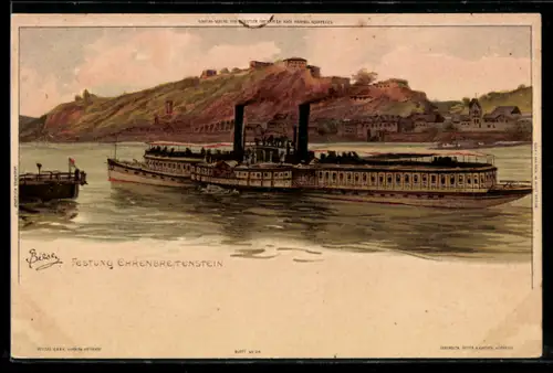 Künstler-AK Carl Biese: Ehrenbreitstein, Dampfer auf dem Rhein und Festung