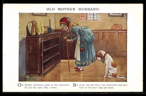Künstler-AK A. E. Kennedy: Alte Frau am Stock mit Hund - Old Mother Hubbard