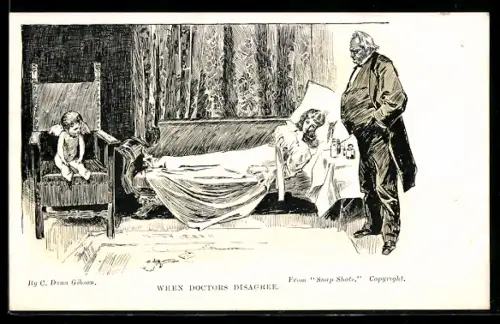 Künstler-AK Charles Dana Gibson: Amor und Doktor betrachten die kranke Frau im Bett