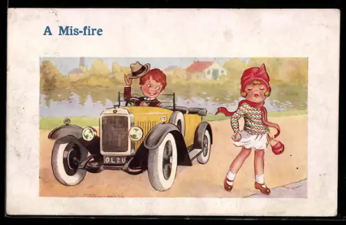 Künstler-AK Maurice: Junge im Auto grüsst die kleine Spaziergängerin, A Mis-fire