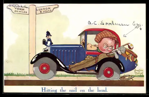 Künstler-AK Beatrice Mallet: Junge fährt mit seinem Auto über Nägel in einem Hufeisen und bekommt einen platten Reifen
