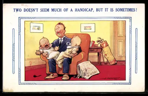 Künstler-AK Douglas Tempest: Vater hält seine schreienden Zwillinge im Arm