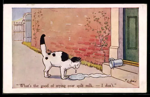 Künstler-AK Frederic G. Lewin: Katze freut sich über die verschüttete Milch