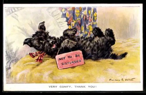 Künstler-AK Florence E. Valter: Hund räkelt sich auf dem Bett, Not to be disturbed