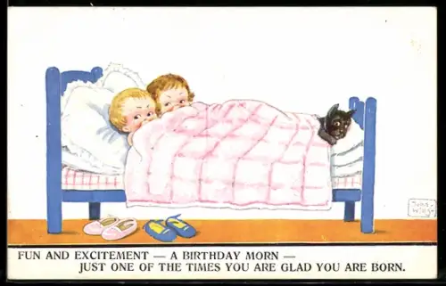 Künstler-AK John Wills: Le bonheur complet, zwei Kinder und ein Hund im Bett