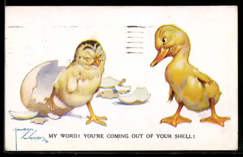 Künstler-AK Lawson Wood: Ente betrachtet das frisch geschlüpfte Küken