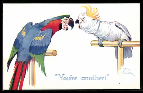 Künstler-AK Lawson Wood: Meinungsverschiedenheiten, Zankender Ara und Kakadu, Papageien