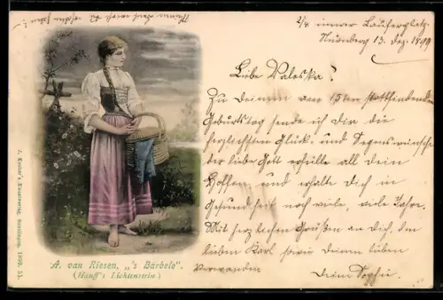 Künstler-AK Arno von Riesen: Mädchen in Tracht mit Korb in der Hand, `s Bärbele