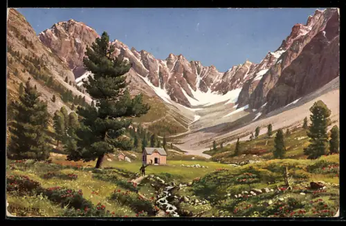 Künstler-AK Rudolf Reschreiter: Verpeilhütte, Ansicht der Berghütte mit dem umliegenden Gebirge