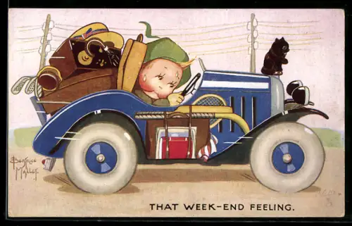 Künstler-AK Beatrice Mallet: Junger Fahrer fährt mit seinem voll beladenen Auto in das Wochenende