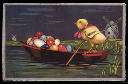 Künstler-AK Roberto Sgrilli: Osterküken rudert mit Ostereiern über den See, Windmühle im Hintergrund, Joyeuses Paques
