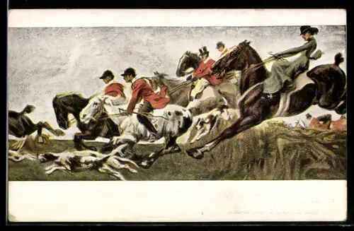 Künstler-AK Angelo Jank, Hinter den Hunden, Reiter springen über das Feld