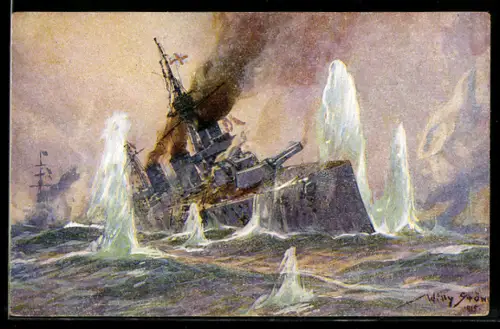 Künstler-AK Willy Stoewer: Aus dem Seegefecht in der Nordsee 1915, Engl. Schlachtkreuzer im Salvenfeuer...