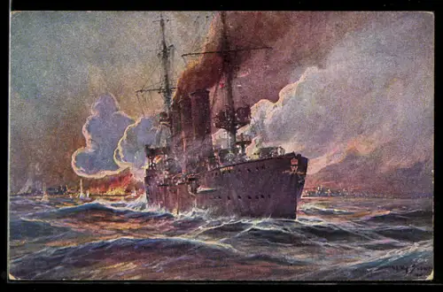 Künstler-AK Stoewer: Beschiessung von Madras, Brit.-Ostindien, durch SM Kreuzer Emden, Kriegsschiff