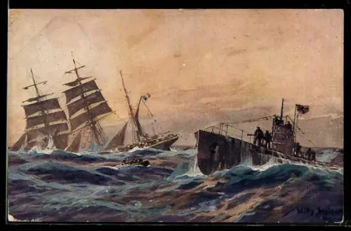 Künstler-AK Stoewer: französische Bark wird durch deutsches U-Boot im Atlantik versenkt