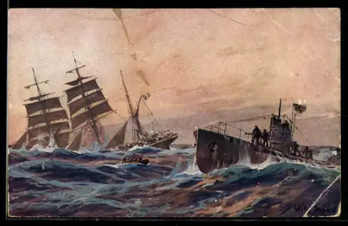 Künstler-AK Stoewer: französische Bark wird durch deutsches U-Boot im Atlantik versenkt