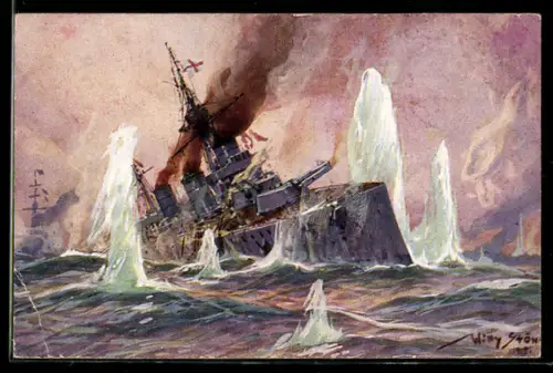 Künstler-AK Willy Stoewer: Aus dem Seegefecht in der Nordsee 1915, Engl. Schlachtkreuzer im Salvenfeuer...