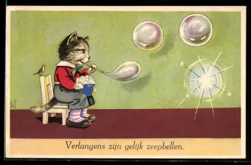 Künstler-AK Willi Scheuermann: Katze sitzt auf einem Stuhl und bläst Seifenblasen