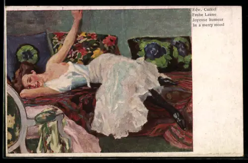 Künstler-AK Edward Cucuel: Spiellustig, Fräulein mit entblösster Brust
