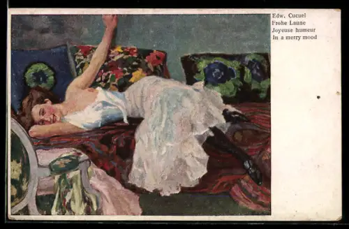 Künstler-AK Edward Cucuel: Spiellustig, Fräulein mit entblösster Brust