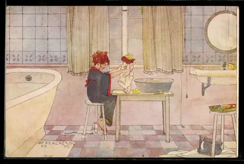 Künstler-AK Rie Cramer: Mutter wäscht ihr Baby im Badezimmer