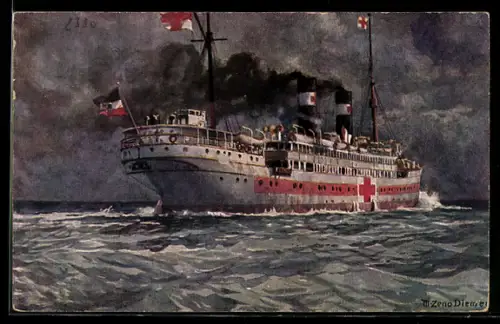 Künstler-AK Zeno Diemer: Rotes Kreuz, Lazarettschiff auf hoher See