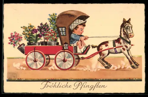 Künstler-AK John Wills: Junge transportiert Blumen mit der Kutsche, Fröhliche Pfingsten