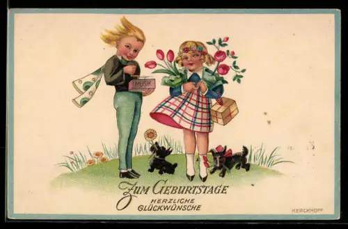 Künstler-AK Kerckhoff: Kinder gratulieren mit Blumen, Geschenken und Musik zum Geburtstag