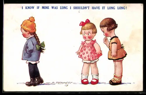 Künstler-AK Douglas Tempest: Mädchen mit Kurzhaarfrisur betrachten die Freundin mit dem langen Zopf