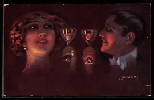 Künstler-AK Luis Usabal: Flirtendes Pärchen stosst an