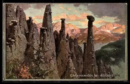 Künstler-AK Rudolf Alfred Höger: Klobenstein, Abendstimmung bei den Erdpyramiden
