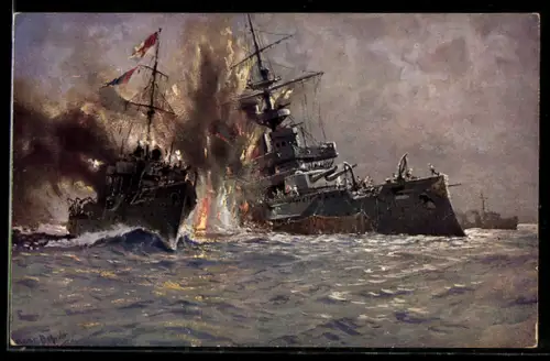 Künstler-AK Hans Bohrdt: Kriegsschiffe im Gefecht, Vernichtung des engl. Linienschiffes Triumph