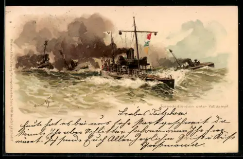 Künstler-AK Hans Bohrdt: Kriegsschiffe der Torpedodivision unter Volldampf